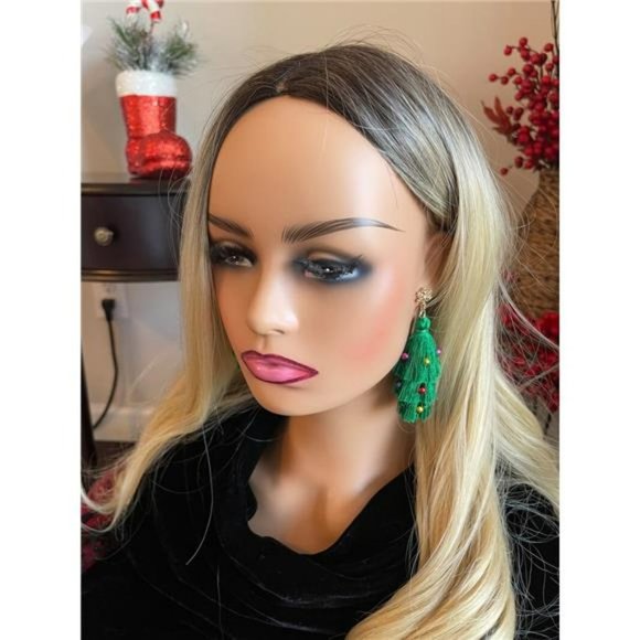 Green Fringe Christmas Tree Earrings Christmas Ornaments Decor Bridal Jewelry - Picture 2 of 6